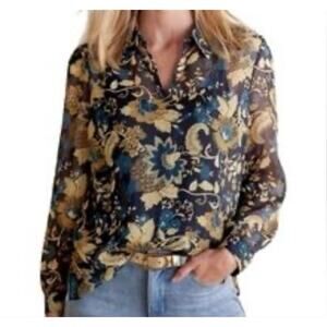 Womens Soft Surroundings Viola Blouse Blue Shimmer Floral Size XS EUC!